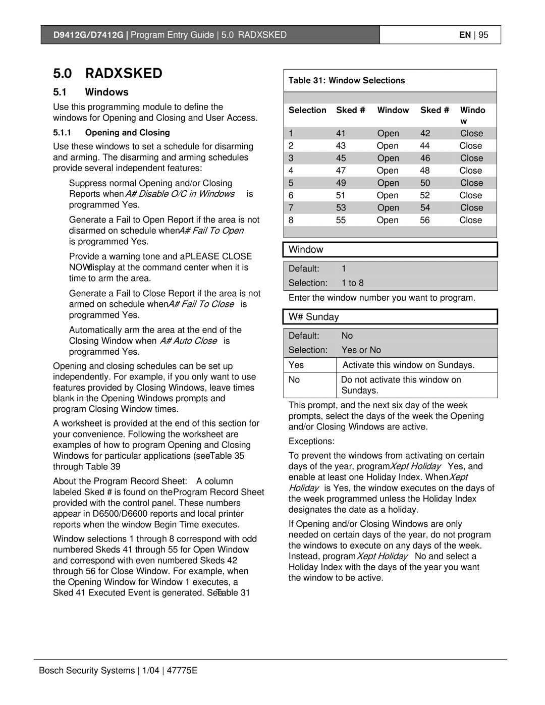 Bosch Appliances D7412G, D9412G manual Windows, # Sunday, Opening and Closing, Window Selections Sked # Open Close 