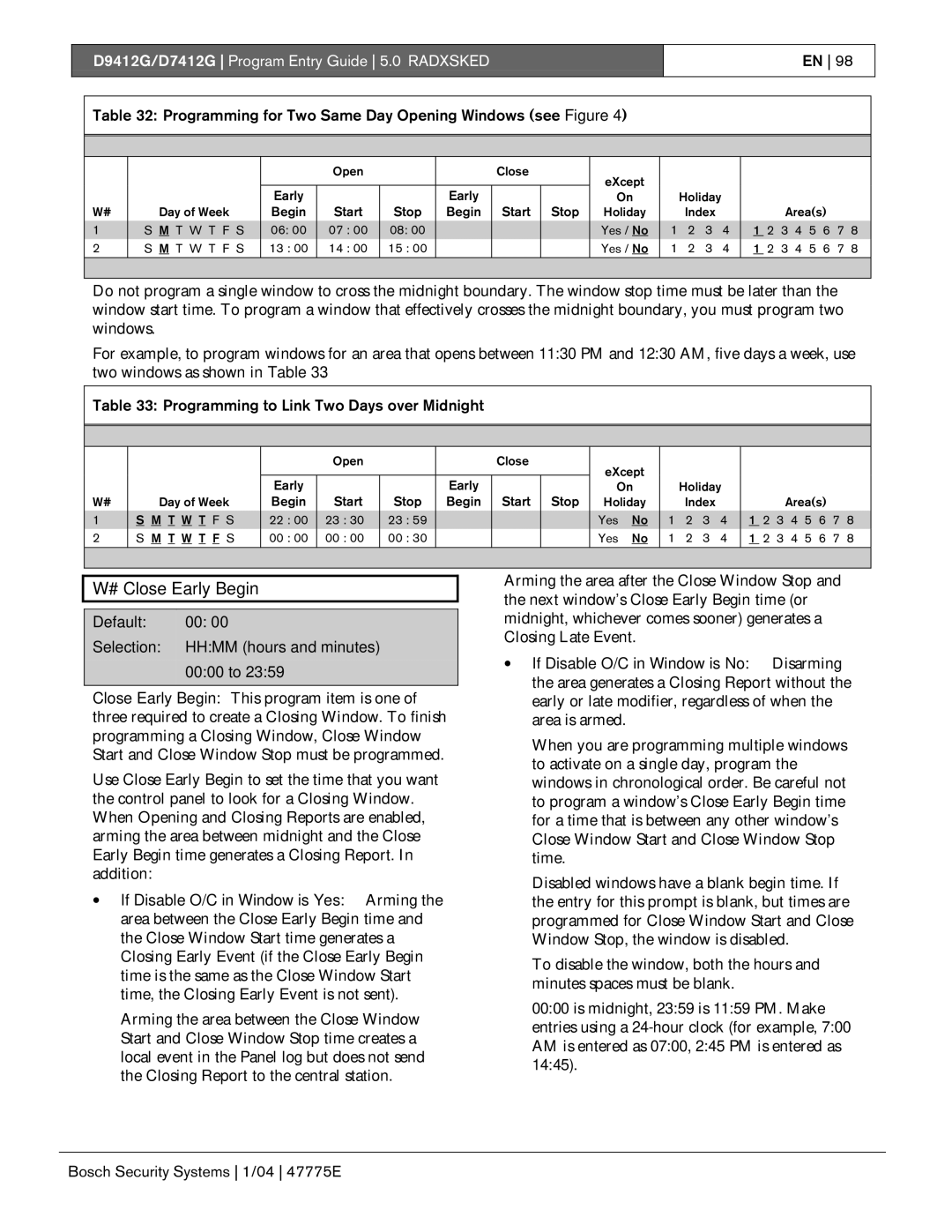 Bosch Appliances D9412G, D7412G manual # Close Early Begin, Programming for Two Same Day Opening Windows see Figure 