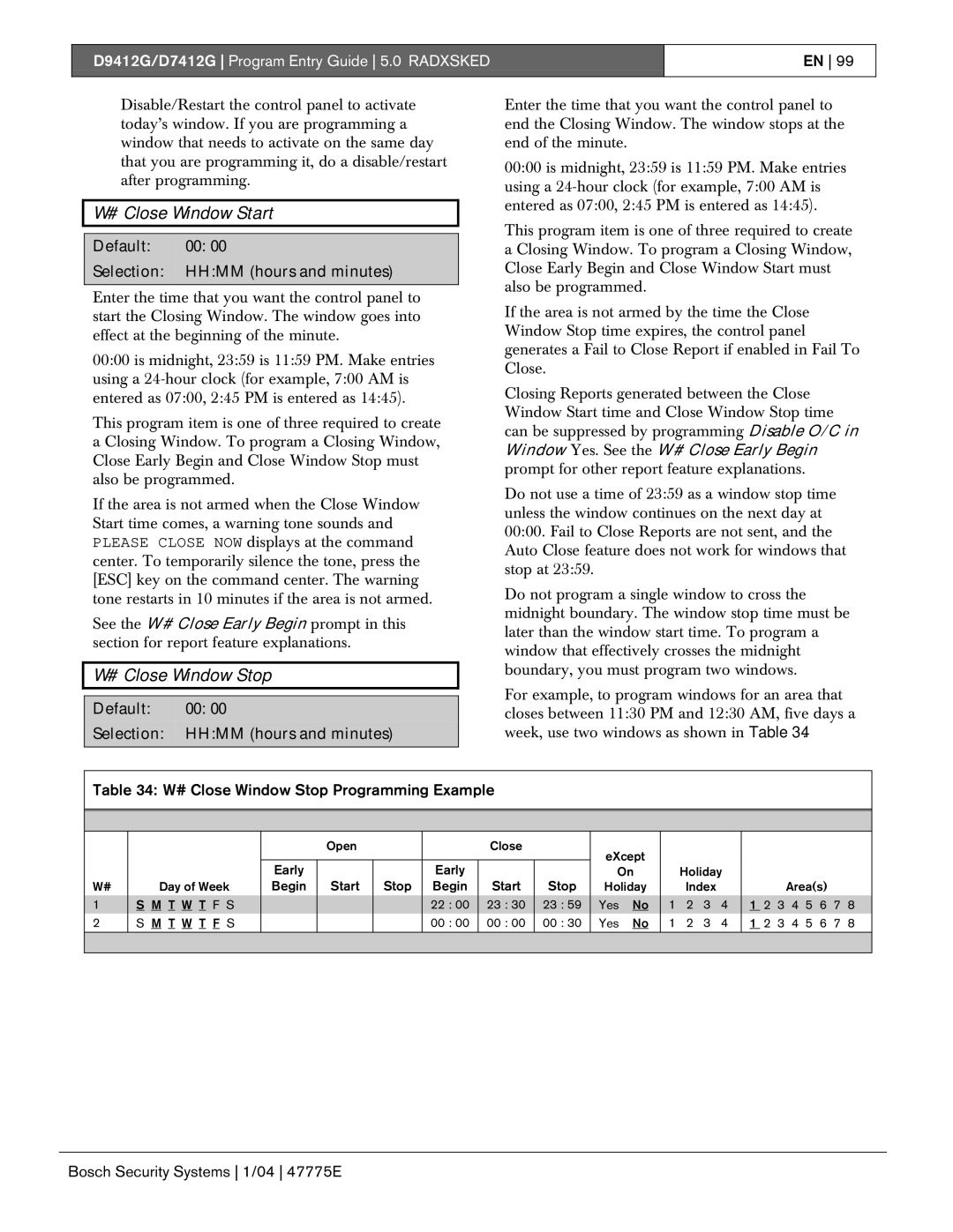 Bosch Appliances D7412G, D9412G manual # Close Window Start, # Close Window Stop Programming Example 