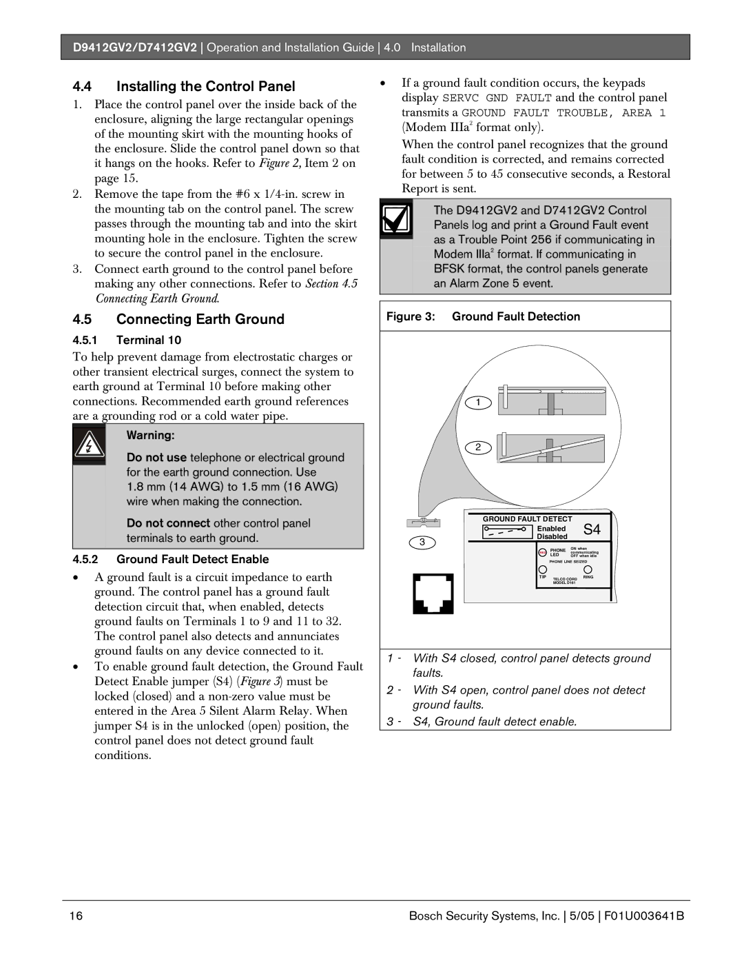 Bosch Appliances D9412GV2 manual Installing the Control Panel, Connecting Earth Ground, Terminal 