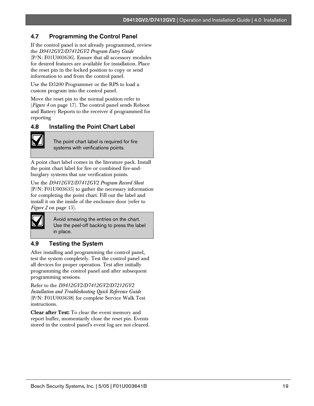 Bosch Appliances D9412GV2 manual Programming the Control Panel, Installing the Point Chart Label, Testing the System 