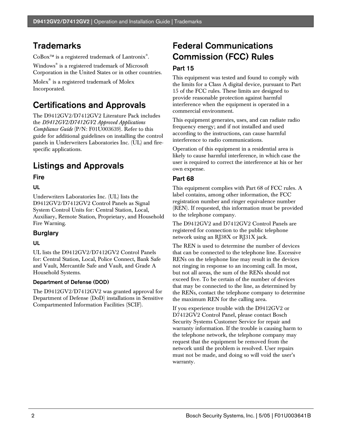 Bosch Appliances D9412GV2 manual Trademarks, Certifications and Approvals, Listings and Approvals 