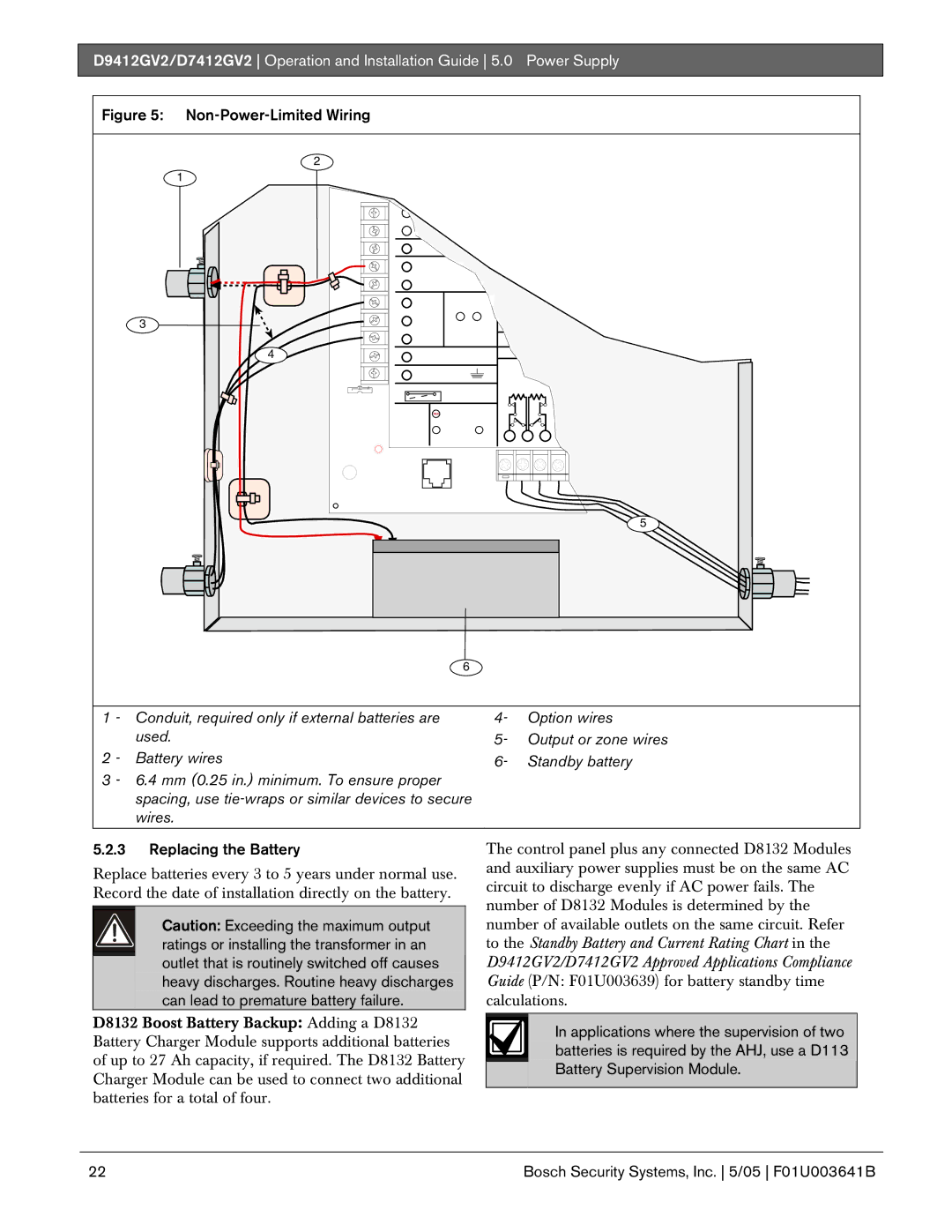 Bosch Appliances D9412GV2 manual Non-Power-Limited Wiring, Replacing the Battery 