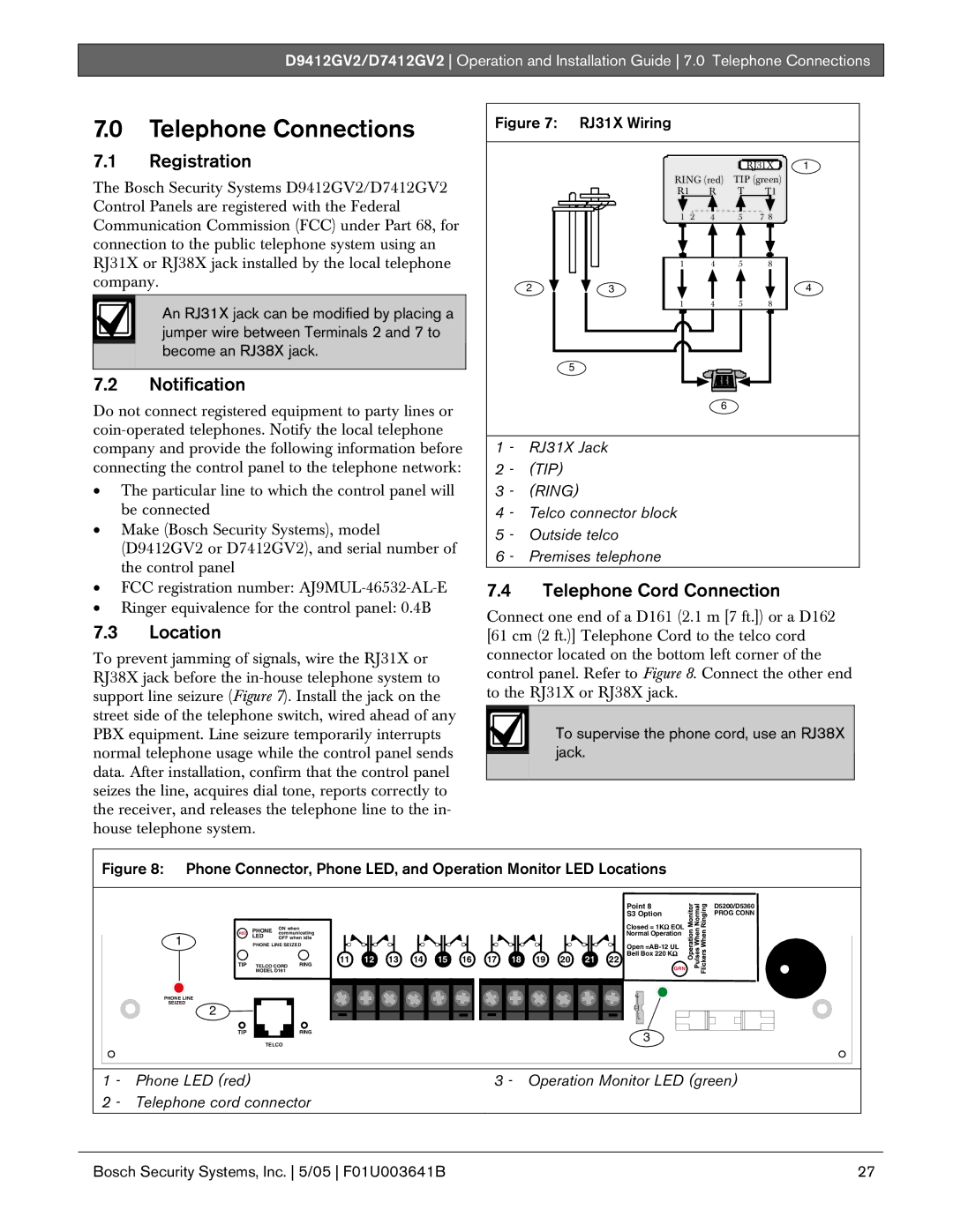 Bosch Appliances D9412GV2 manual Telephone Connections, Registration, Notification, Location, Telephone Cord Connection 