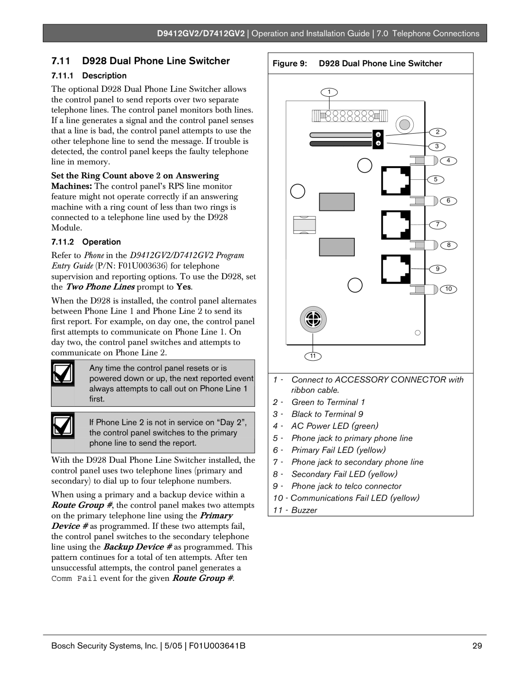 Bosch Appliances D9412GV2 manual 11 D928 Dual Phone Line Switcher, Description, Operation 