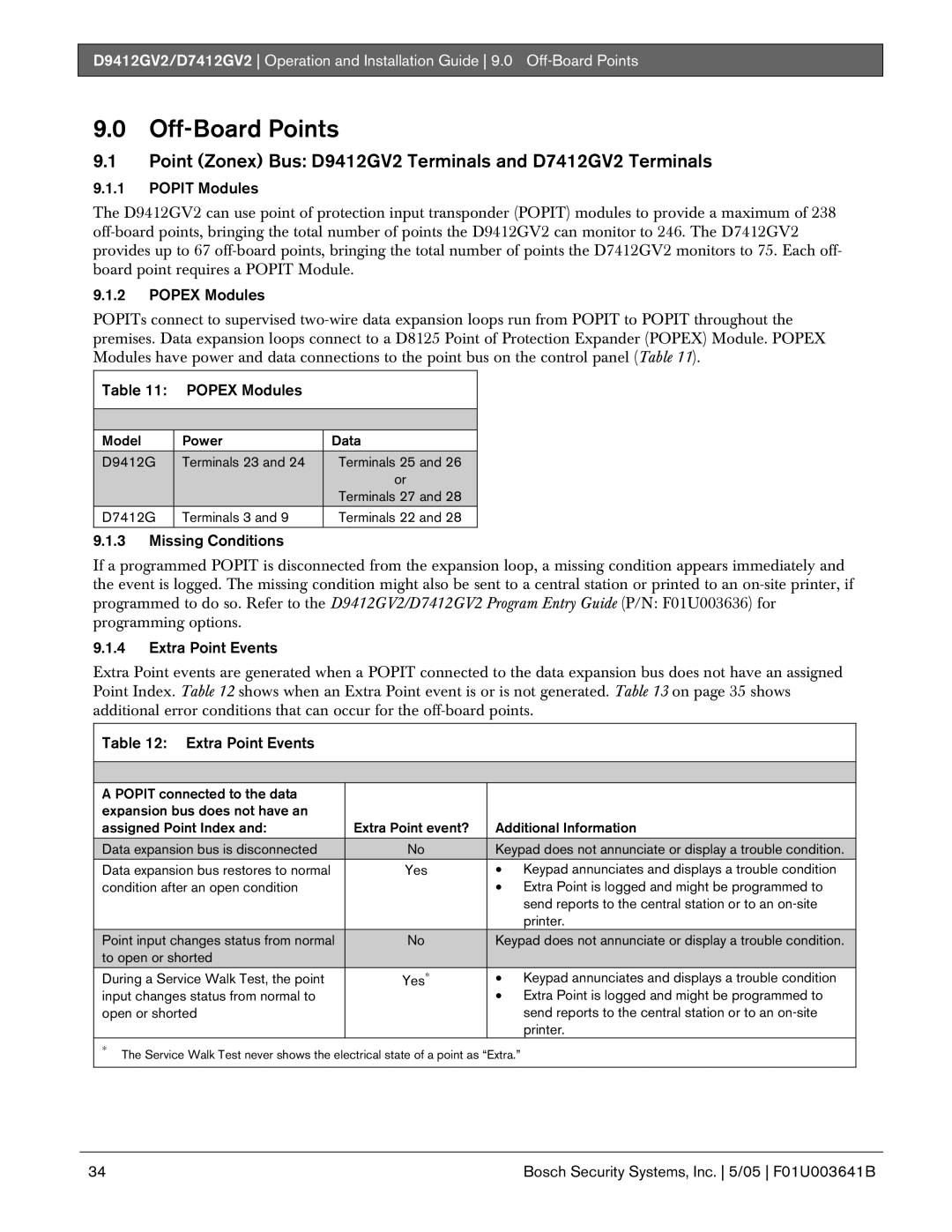 Bosch Appliances manual Off-Board Points, Point Zonex Bus D9412GV2 Terminals and D7412GV2 Terminals 