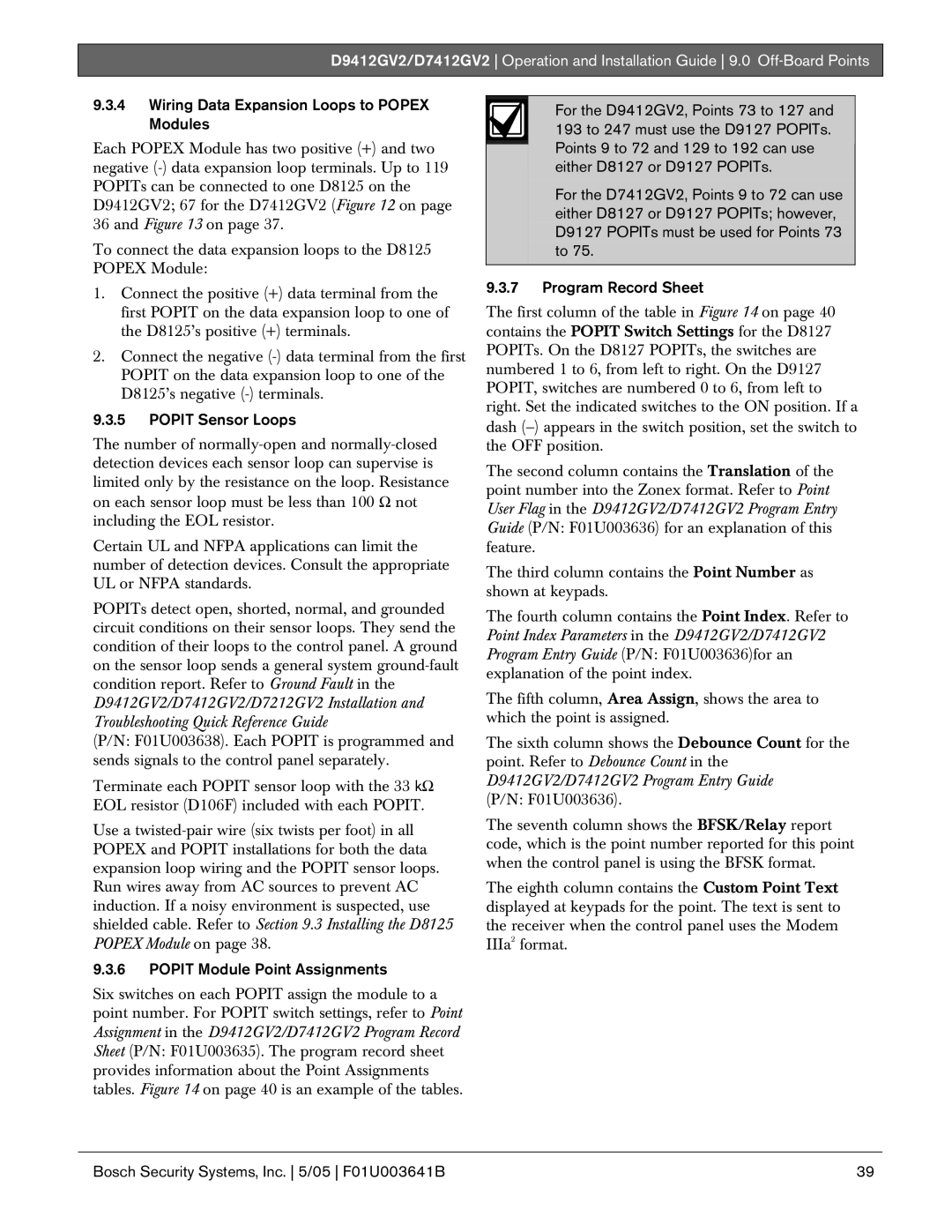 Bosch Appliances D9412GV2 Wiring Data Expansion Loops to Popex Modules, Popit Sensor Loops, Popit Module Point Assignments 