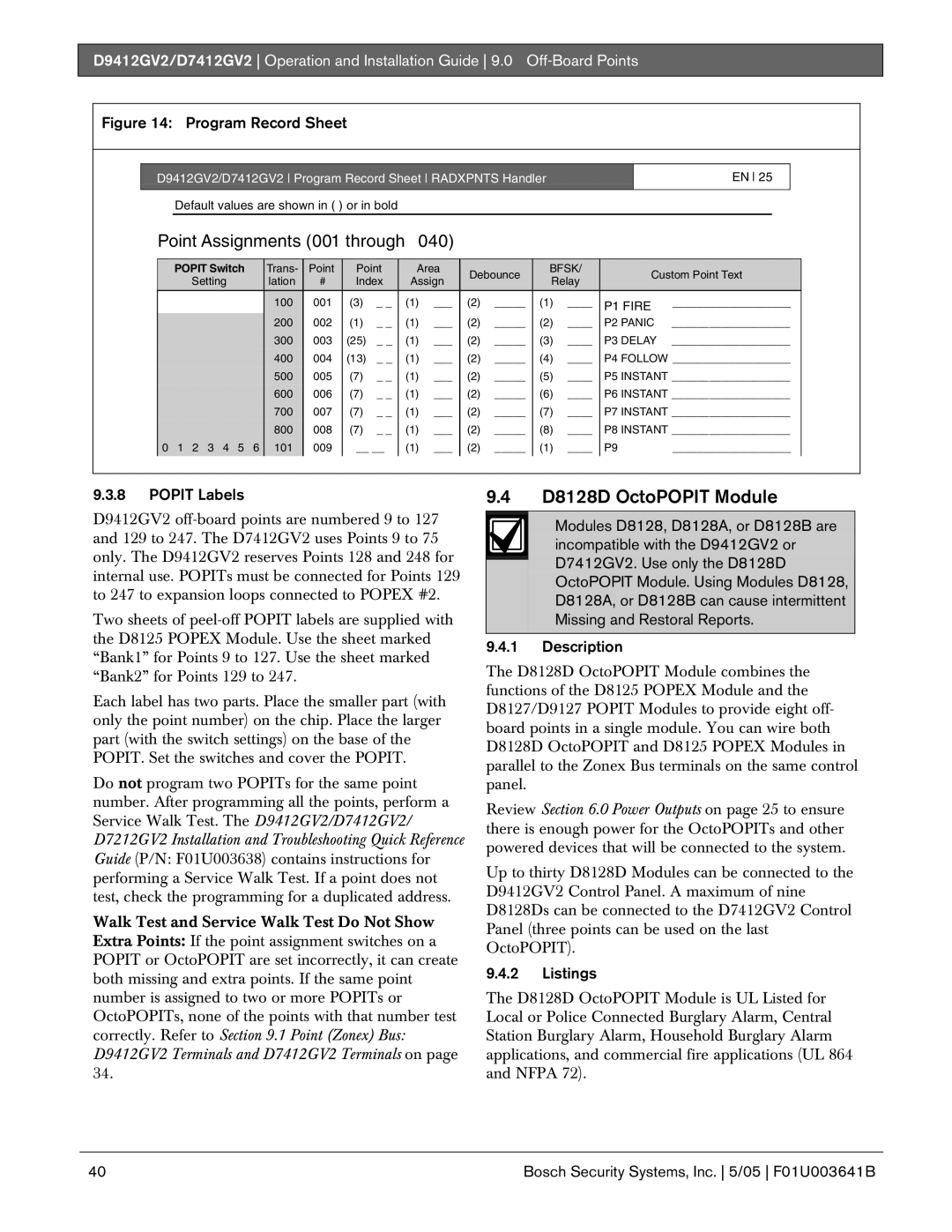 Bosch Appliances D9412GV2 manual D8128D OctoPOPIT Module 