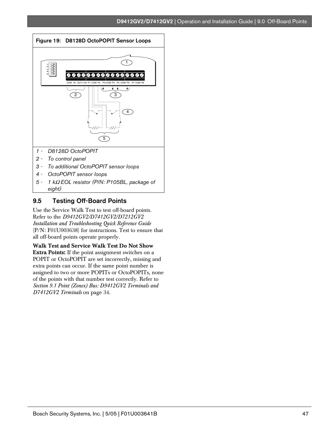 Bosch Appliances D9412GV2 manual Testing Off-Board Points, D8128D OctoPOPIT Sensor Loops 