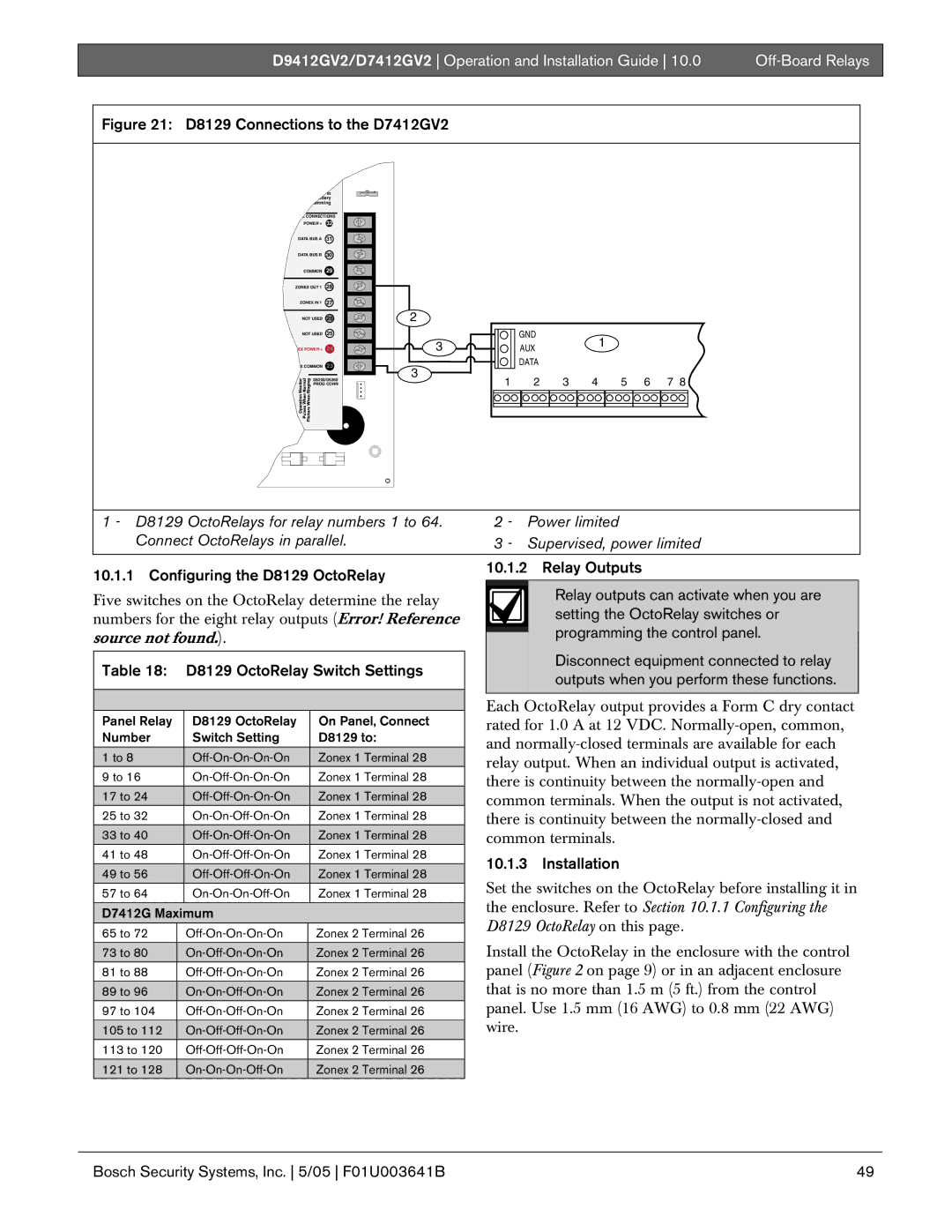 Bosch Appliances D9412GV2 manual Configuring the D8129 OctoRelay, D8129 OctoRelay Switch Settings, Relay Outputs 