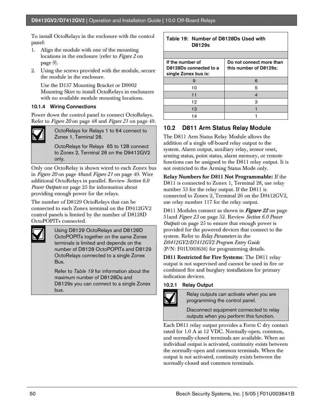 Bosch Appliances D9412GV2 manual 10.2 D811 Arm Status Relay Module, Wiring Connections, Number of D8128Ds Used with D8129s 