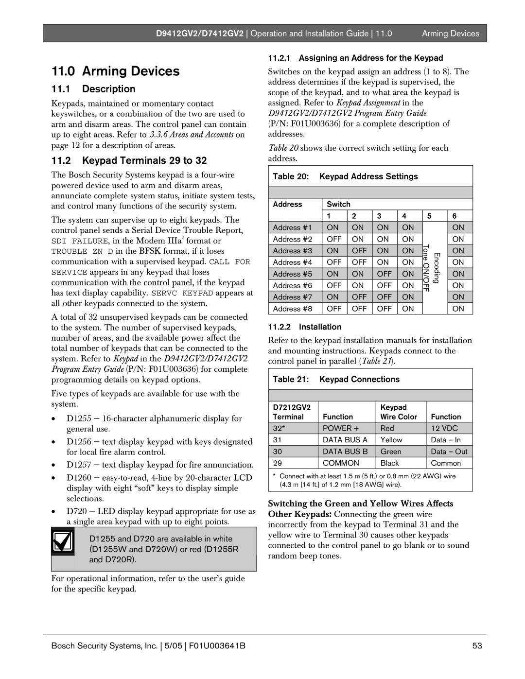 Bosch Appliances D9412GV2 manual Arming Devices, Description, Keypad Terminals 29 to 