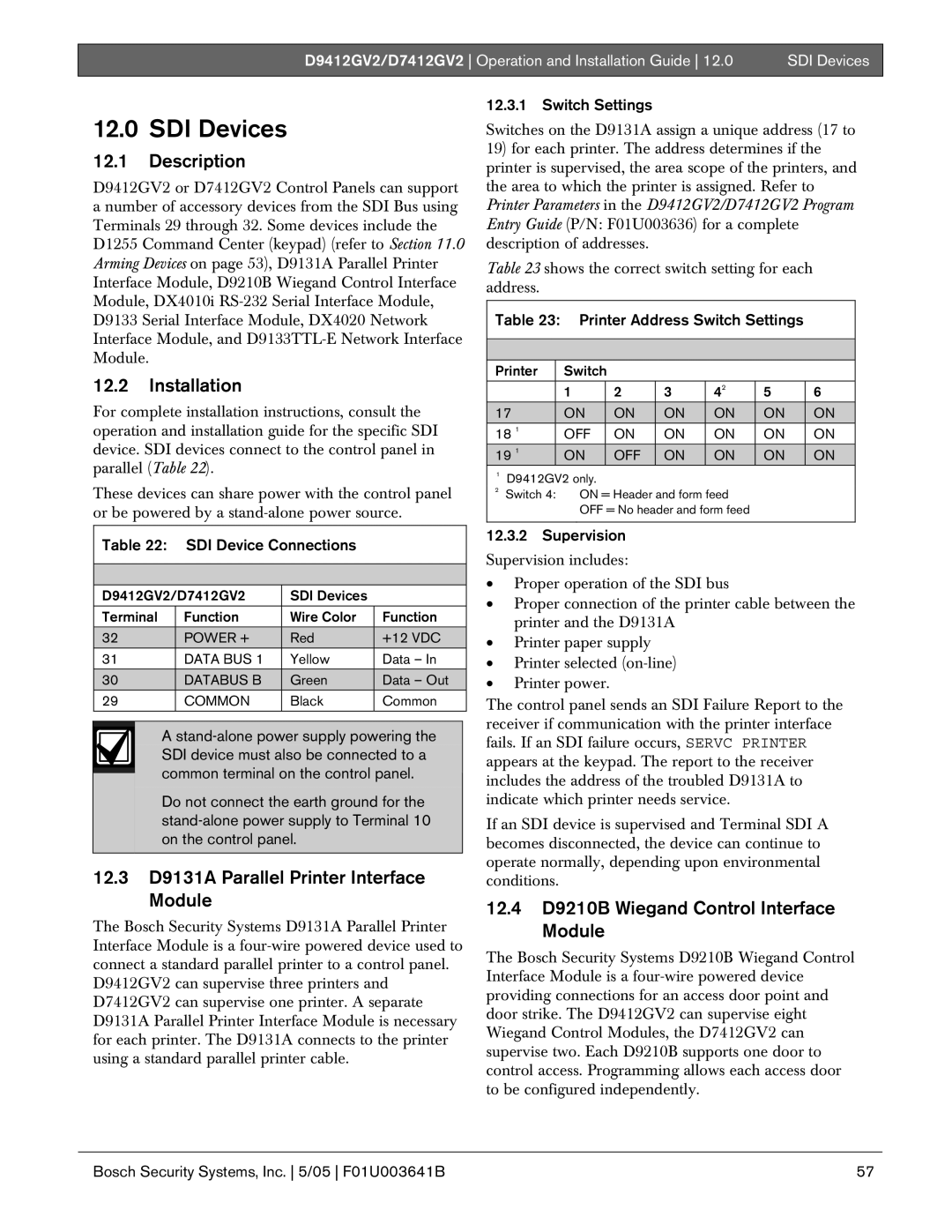 Bosch Appliances D9412GV2 manual SDI Devices, Installation, 12.3 D9131A Parallel Printer Interface Module 