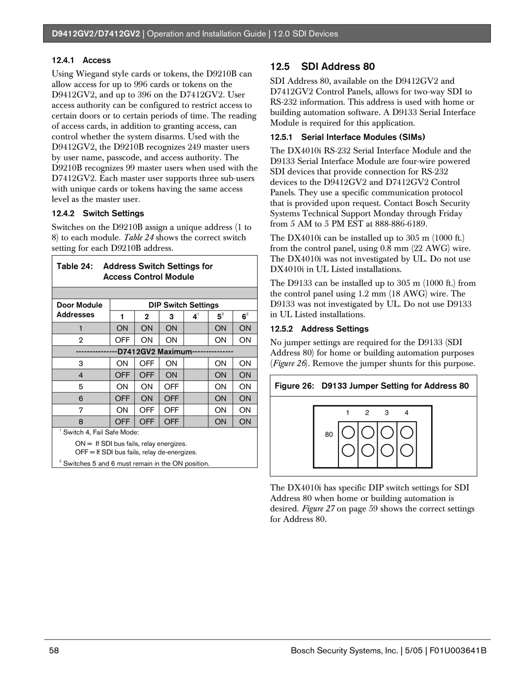 Bosch Appliances D9412GV2 manual SDI Address, Address Switch Settings for Access Control Module, Address Settings 