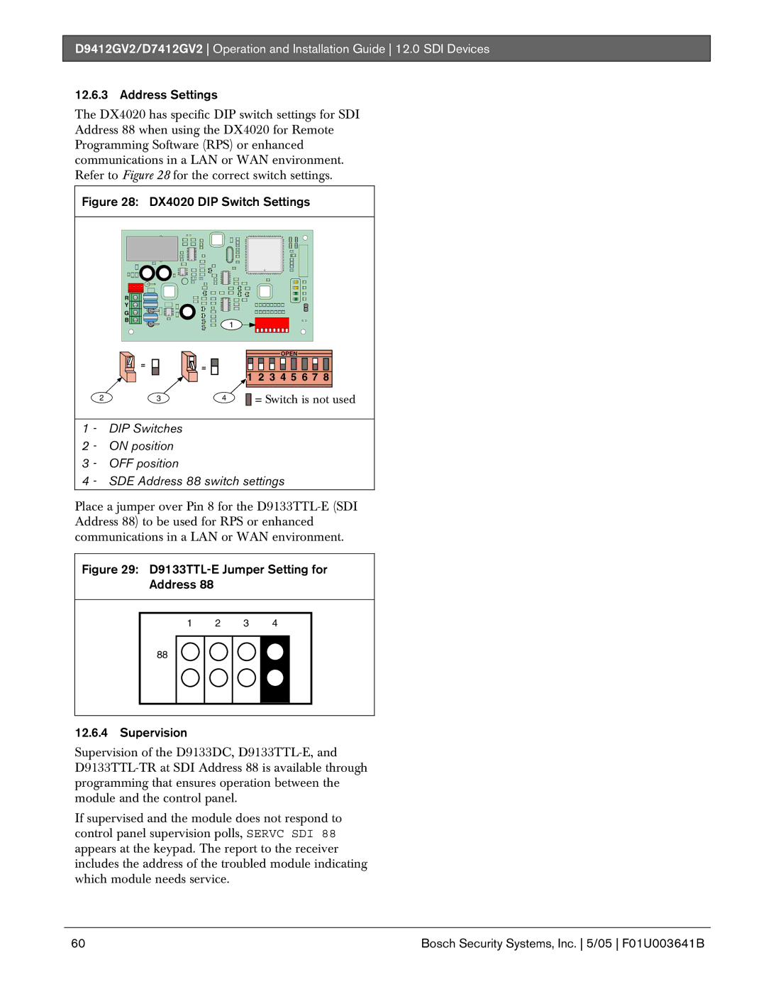 Bosch Appliances D9412GV2 manual DX4020 DIP Switch Settings 