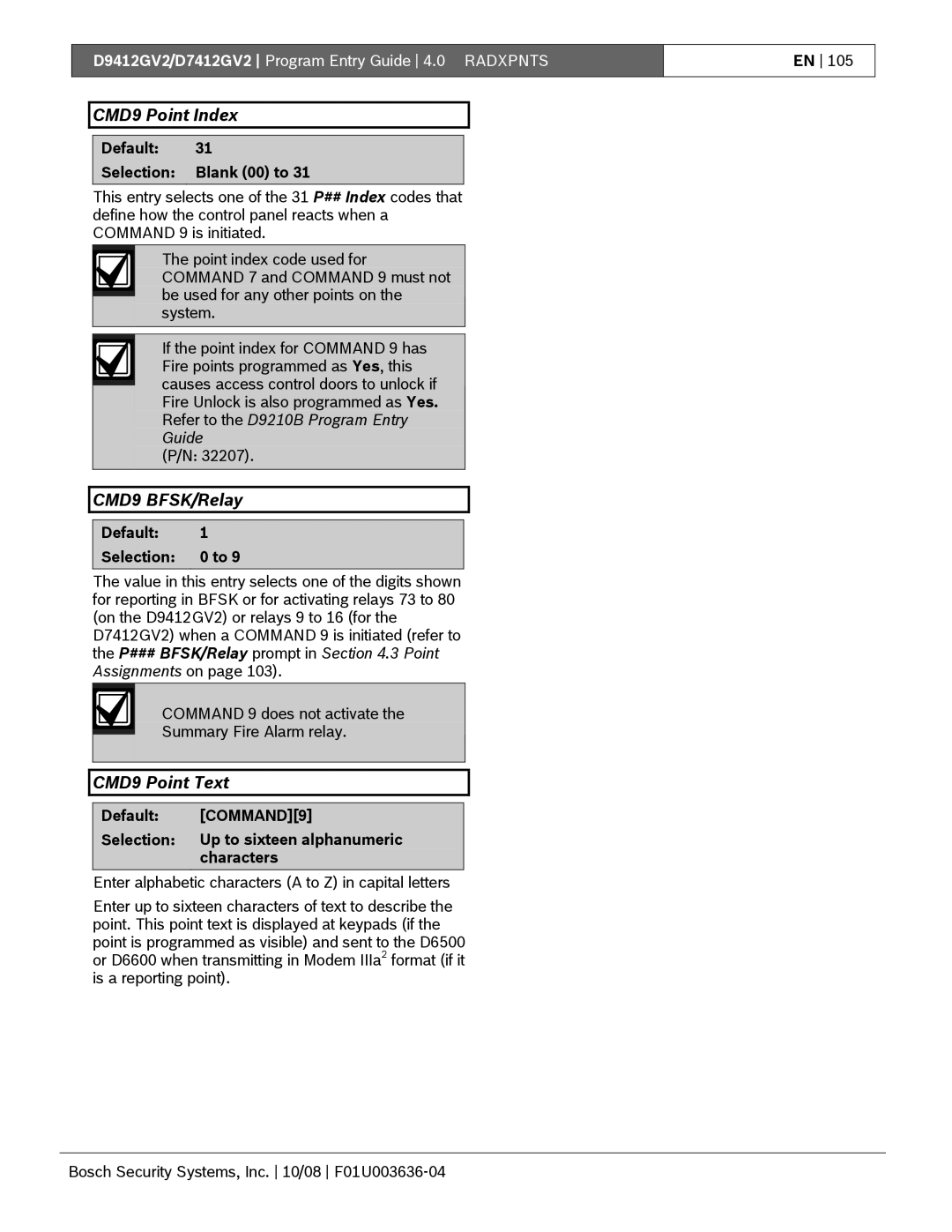 Bosch Appliances D9412GV2 manual CMD9 Point Index, CMD9 BFSK/Relay, CMD9 Point Text 