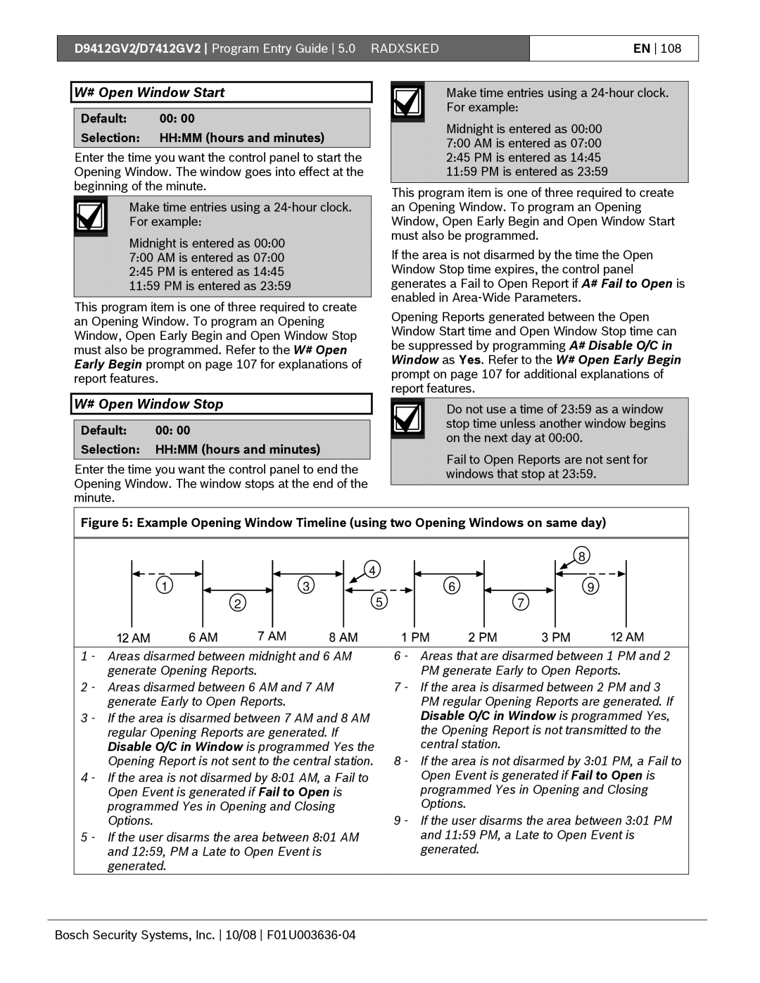 Bosch Appliances D9412GV2 manual # Open Window Start, # Open Window Stop, Default Selection Hhmm hours and minutes 