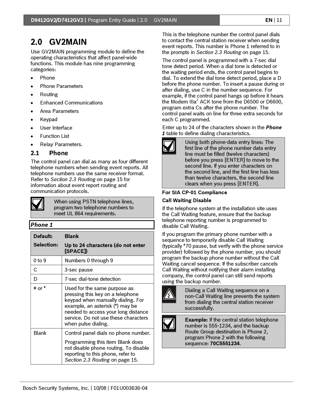 Bosch Appliances D9412GV2 manual Phone, Default Blank Selection Up to 24 characters do not enter, Numbers 0 through 