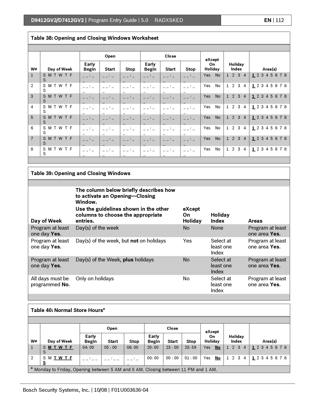 Bosch Appliances D9412GV2 manual Opening and Closing Windows Worksheet, Normal Store Hours 