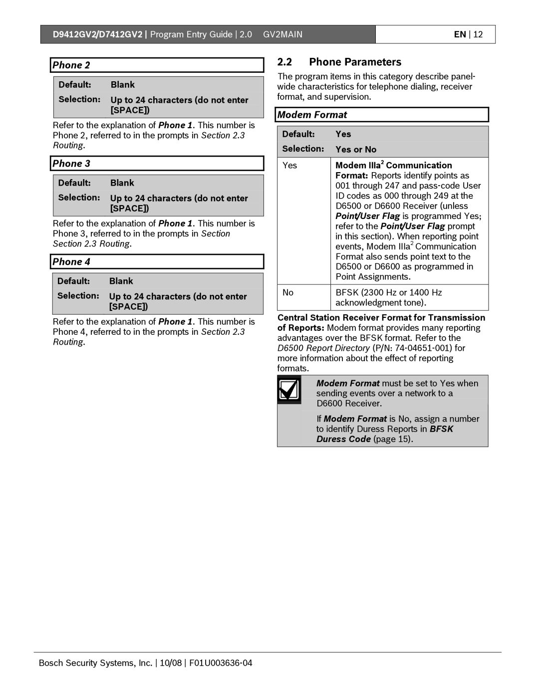 Bosch Appliances D9412GV2 manual Phone Parameters, Modem Format, Default Yes Selection Yes or No, Modem IIIa2 Communication 