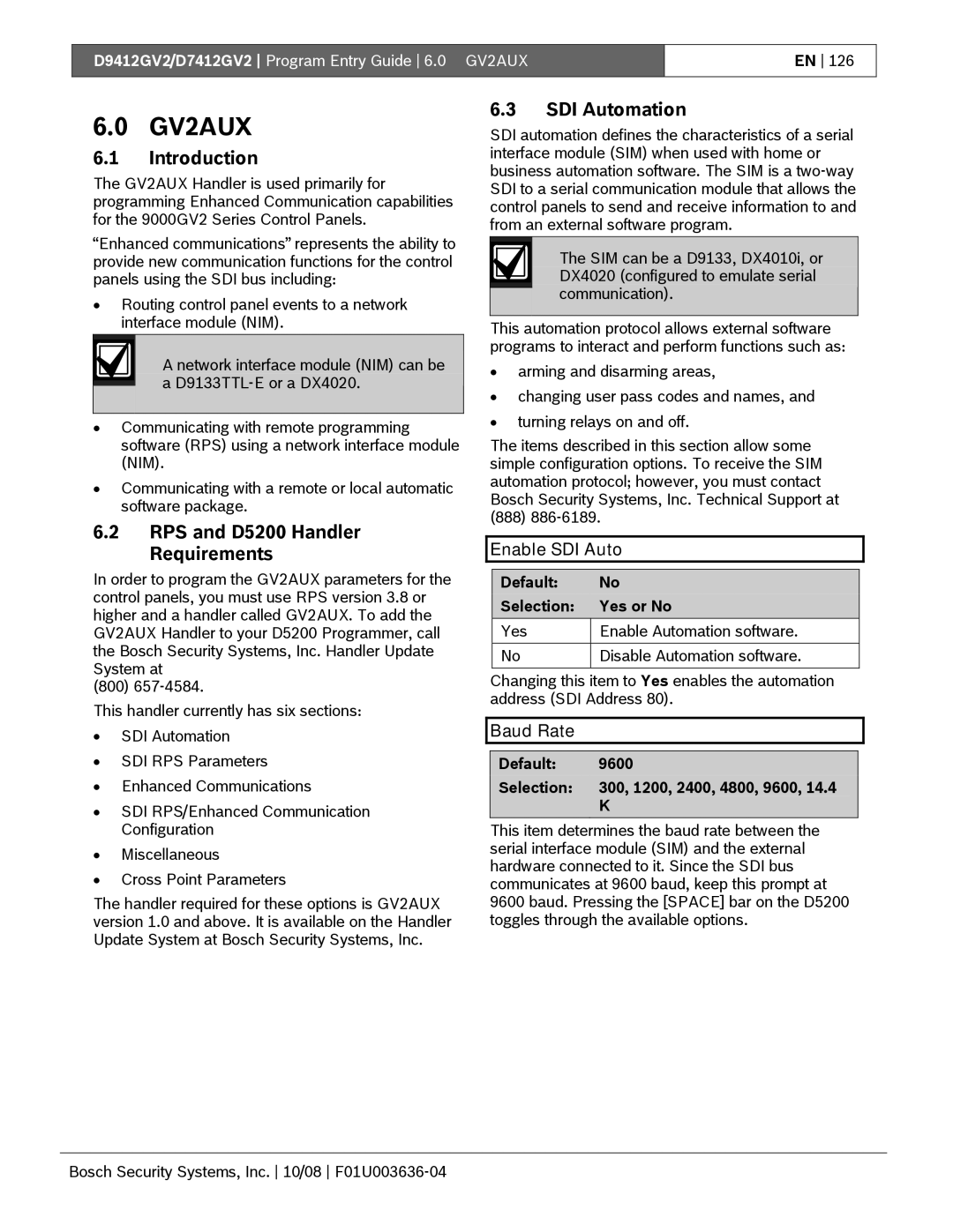 Bosch Appliances D9412GV2 Introduction, RPS and D5200 Handler Requirements, SDI Automation, Enable SDI Auto, Baud Rate 