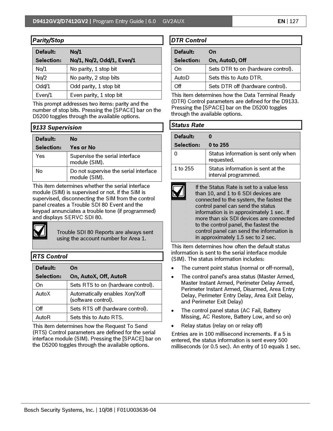 Bosch Appliances D9412GV2 manual Parity/Stop, DTR Control, Supervision, RTS Control, Status Rate 