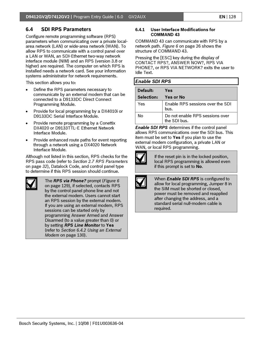 Bosch Appliances D9412GV2 manual SDI RPS Parameters, Enable SDI RPS, User Interface Modifications for Command 