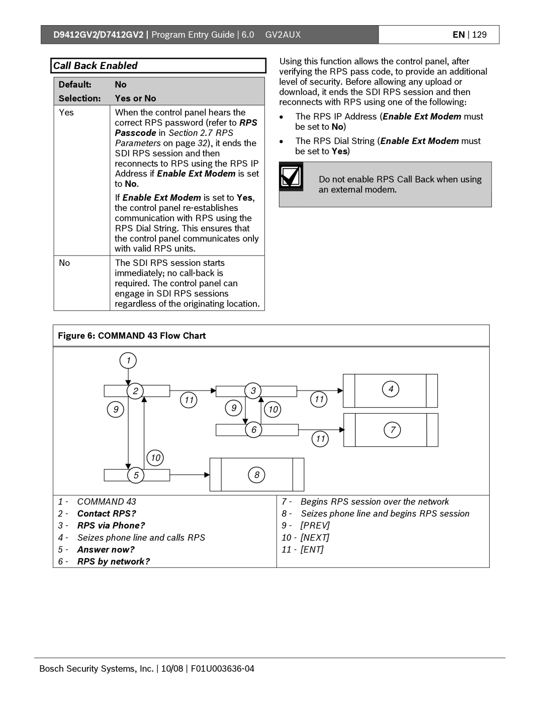 Bosch Appliances D9412GV2 manual Call Back Enabled 