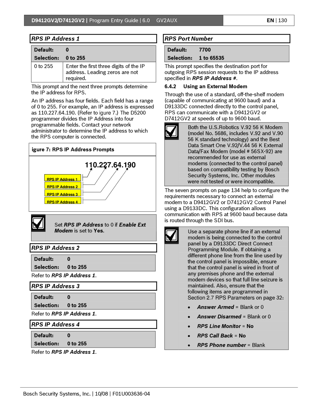 Bosch Appliances D9412GV2 manual RPS Port Number, Set RPS IP Address to 0 if Enable Ext, Refer to RPS IP Address 