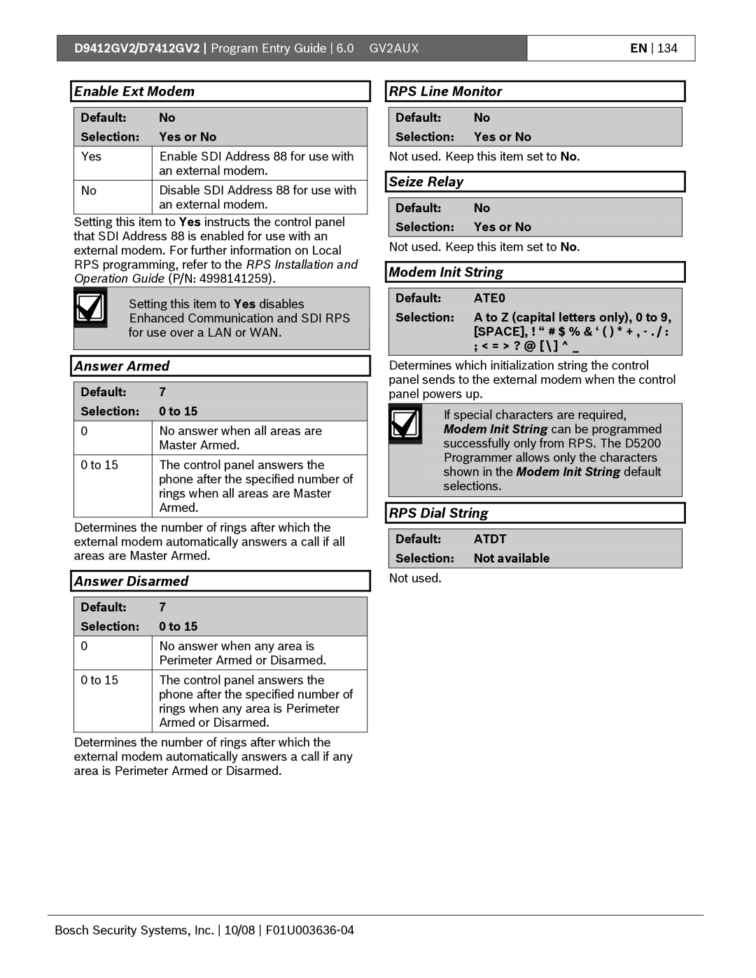 Bosch Appliances D9412GV2 manual Enable Ext Modem, Seize Relay, Modem Init String, RPS Dial String 