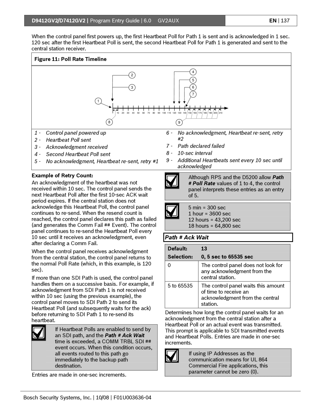 Bosch Appliances D9412GV2 manual Path # Ack Wait, Example of Retry Count, Default Selection Sec to 65535 sec 