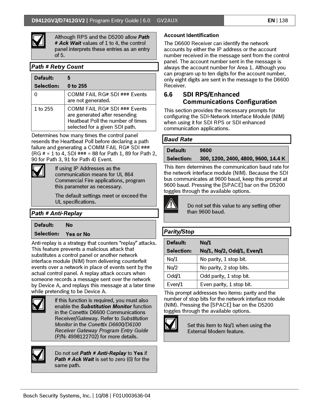 Bosch Appliances D9412GV2 manual SDI RPS/Enhanced Communications Configuration, Path # Retry Count, Path # Anti-Replay 