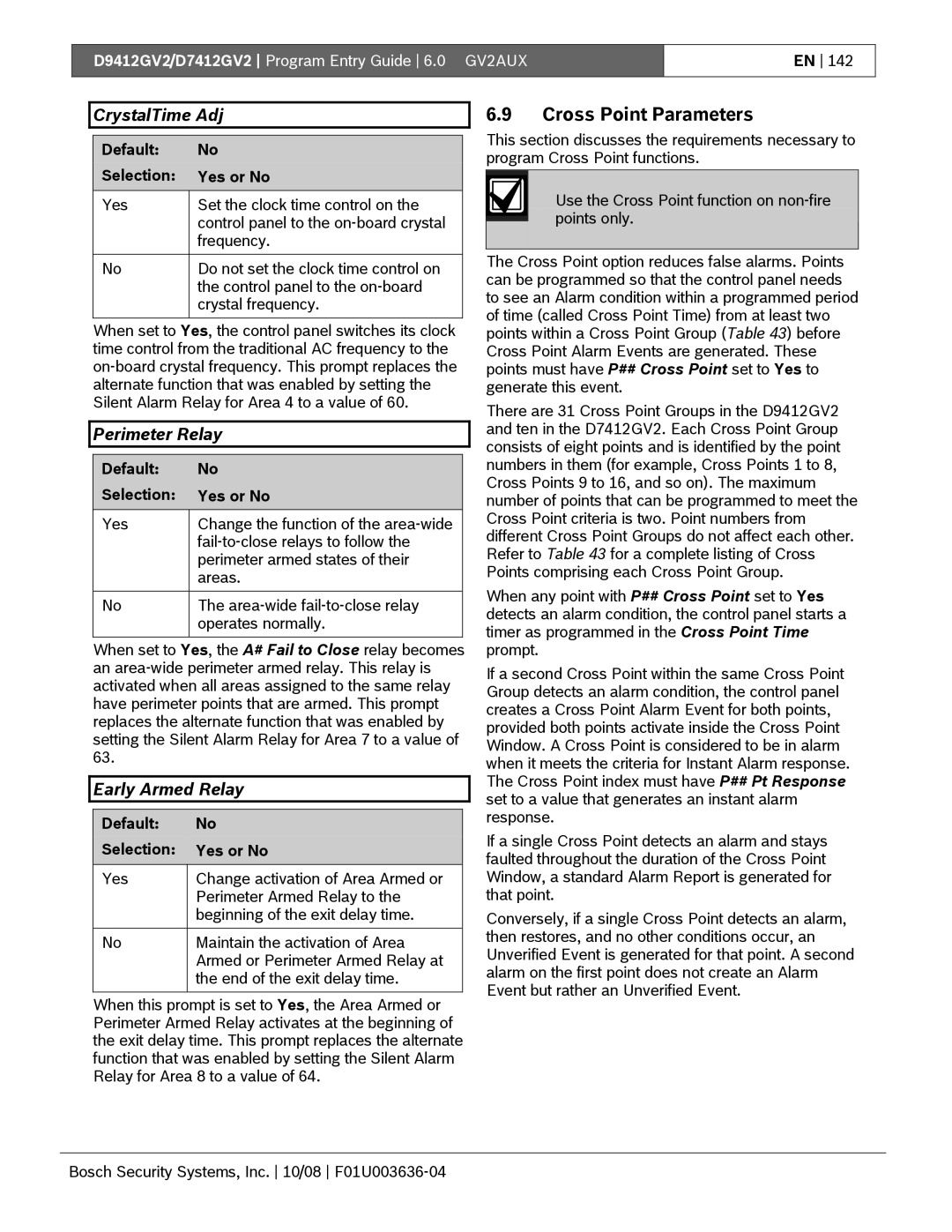 Bosch Appliances D9412GV2 manual Cross Point Parameters, CrystalTime Adj, Perimeter Relay, Early Armed Relay 