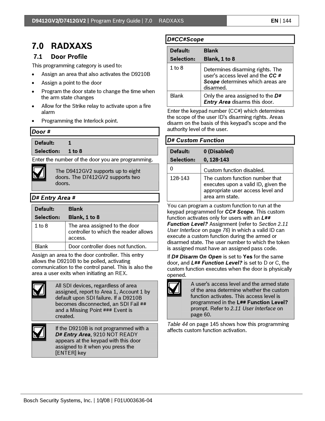 Bosch Appliances D9412GV2 manual Door Profile, Door #, # Entry Area #, #CC#Scope, # Custom Function 