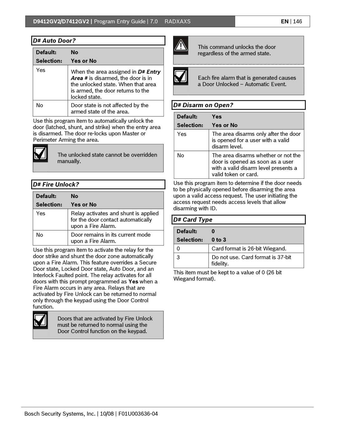 Bosch Appliances D9412GV2 manual # Auto Door?, # Fire Unlock?, # Disarm on Open?, # Card Type 