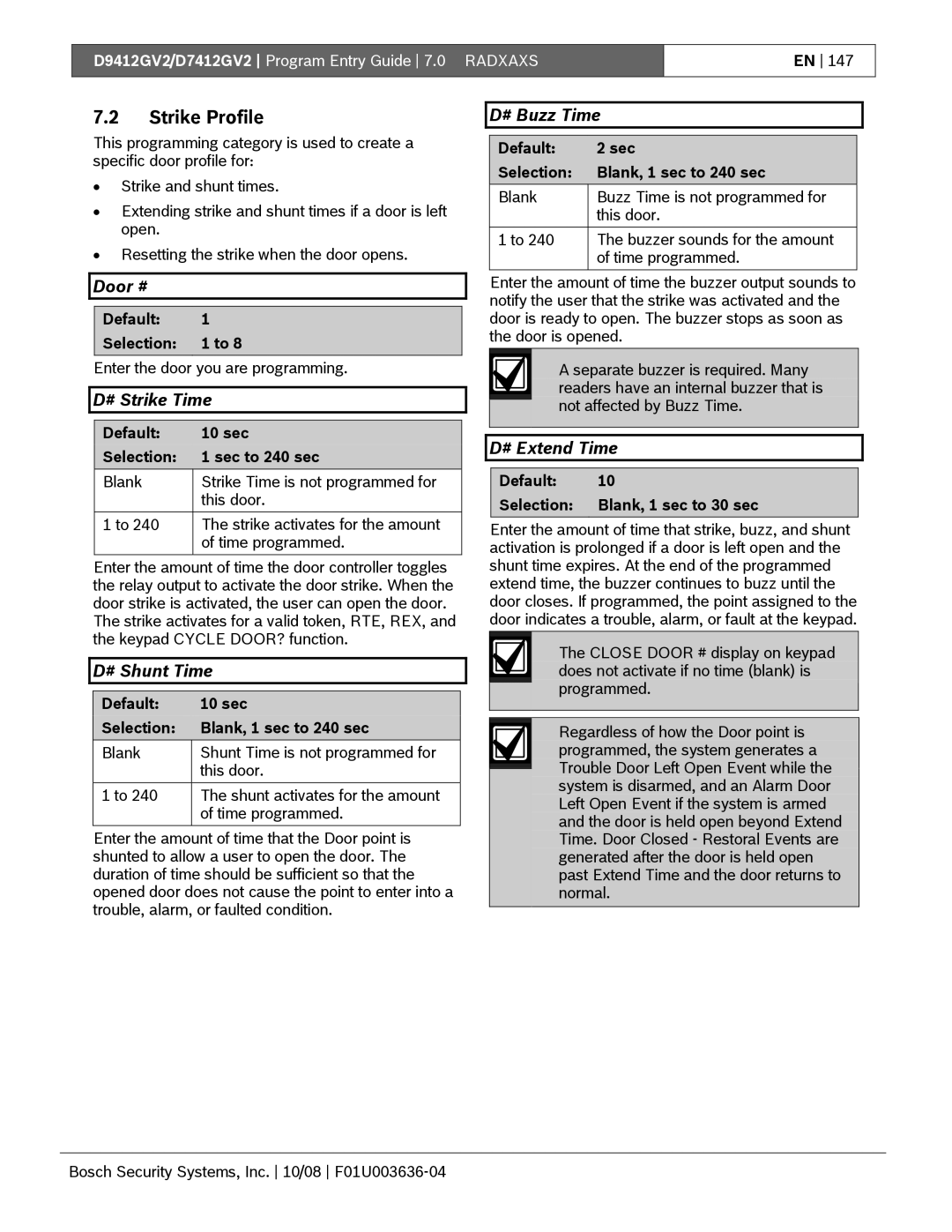 Bosch Appliances D9412GV2 manual Strike Profile, # Strike Time, # Shunt Time, # Buzz Time, # Extend Time 