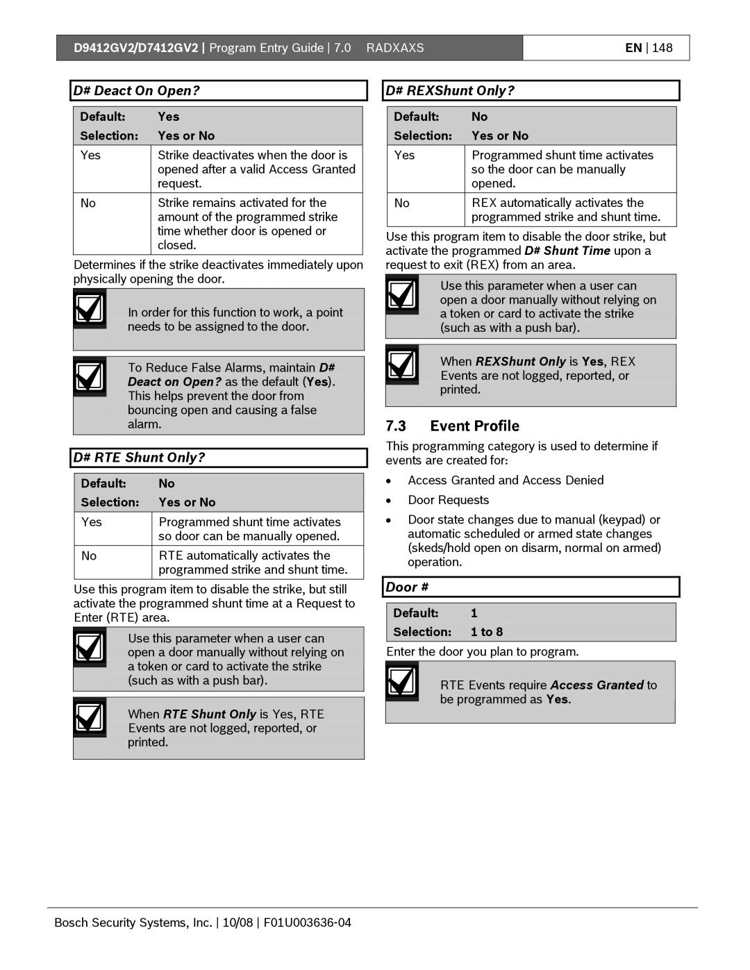 Bosch Appliances D9412GV2 manual Event Profile, # Deact On Open?, # RTE Shunt Only?, # REXShunt Only? 