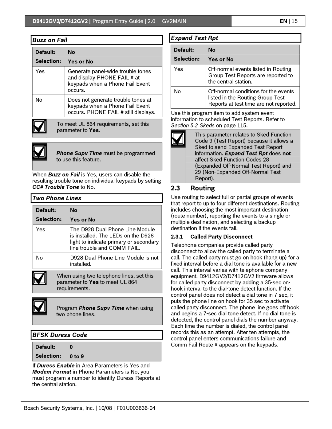 Bosch Appliances D9412GV2 manual Routing, Buzz on Fail, Two Phone Lines, Bfsk Duress Code, Expand Test Rpt 