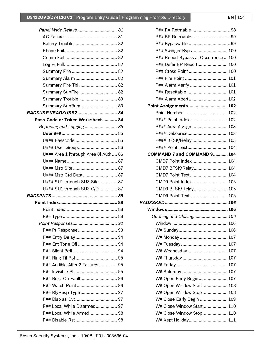 Bosch Appliances D9412GV2 Point Assignments 102, Pass Code or Token Worksheet, Command 7 and Command 104, Point Index, 106 