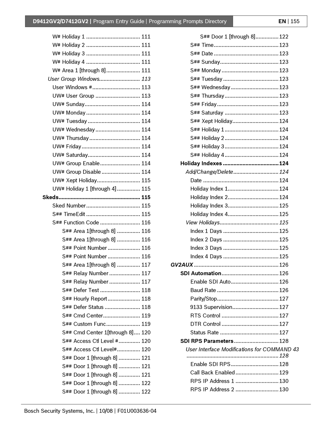 Bosch Appliances D9412GV2 manual Holiday Indexes 124, 115 