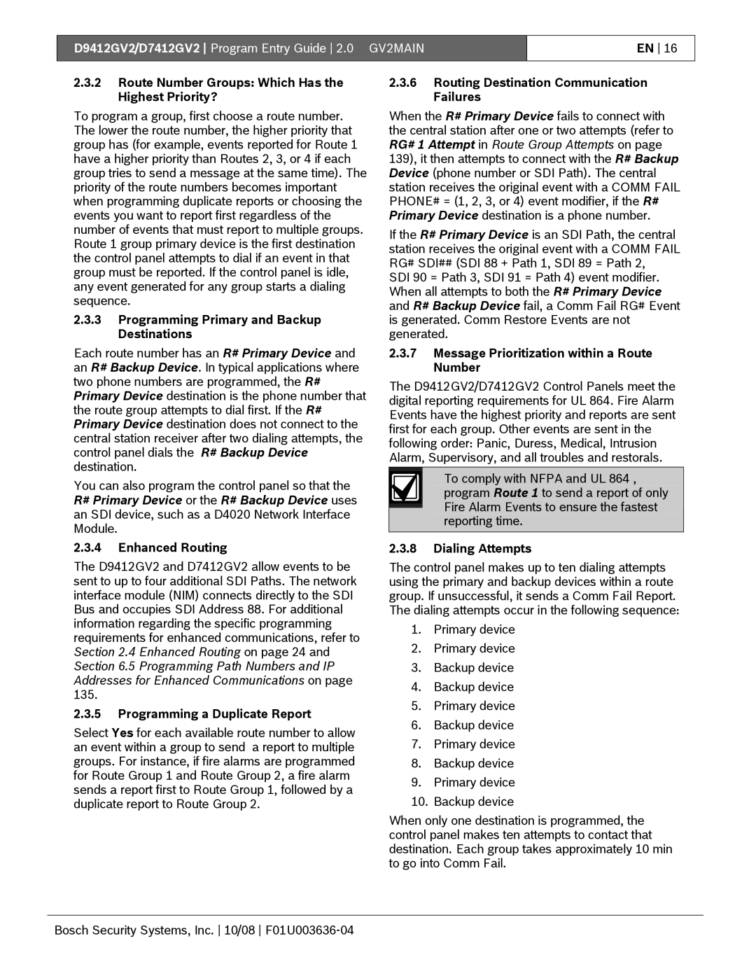 Bosch Appliances D9412GV2 Route Number Groups Which Has the Highest Priority?, Programming Primary and Backup Destinations 