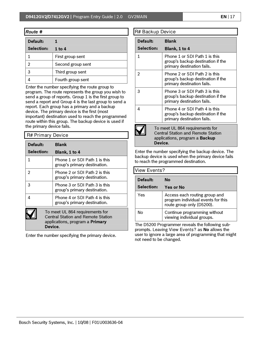 Bosch Appliances D9412GV2 manual # Primary Device, # Backup Device, View Events? 