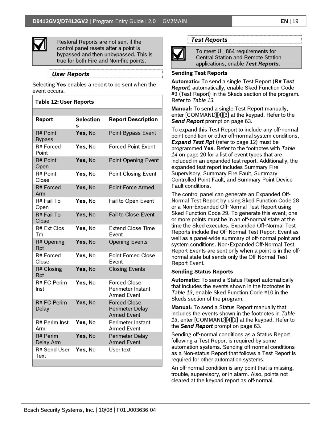 Bosch Appliances D9412GV2 User Reports Selection Report Description, Sending Test Reports, Sending Status Reports 