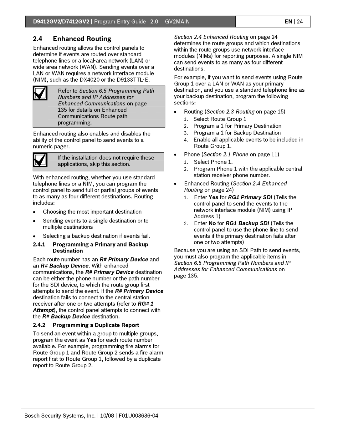 Bosch Appliances D9412GV2 manual Enhanced Routing, Programming a Primary and Backup Destination 