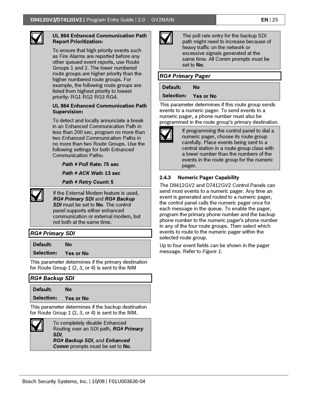 Bosch Appliances D9412GV2 manual RG# Primary SDI, RG# Primary Pager, RG# Backup SDI, and Enhanced 