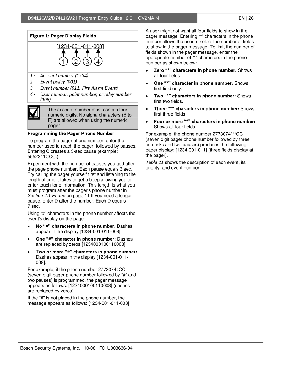 Bosch Appliances D9412GV2 manual Pager Display Fields, Programming the Pager Phone Number 