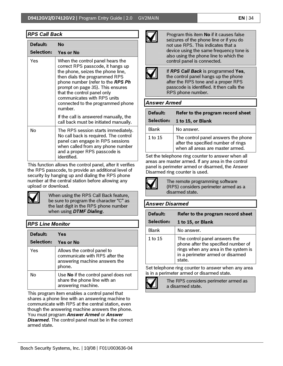 Bosch Appliances D9412GV2 manual RPS Call Back, RPS Line Monitor, Answer Armed, Answer Disarmed 