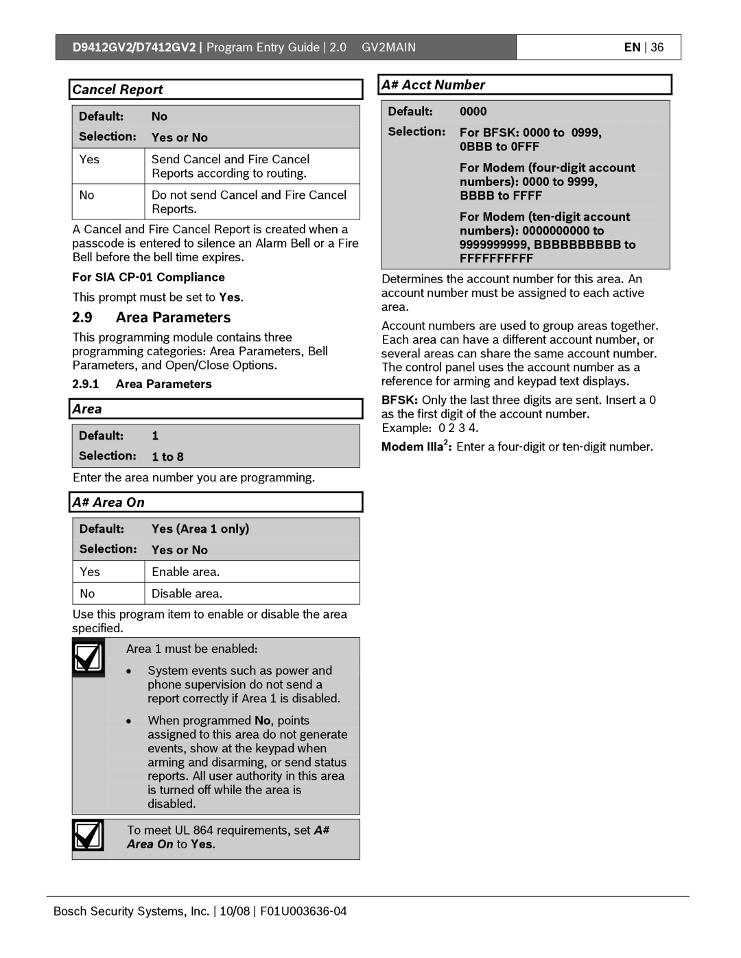 Bosch Appliances D9412GV2 manual Area Parameters, Cancel Report, # Area On, # Acct Number 