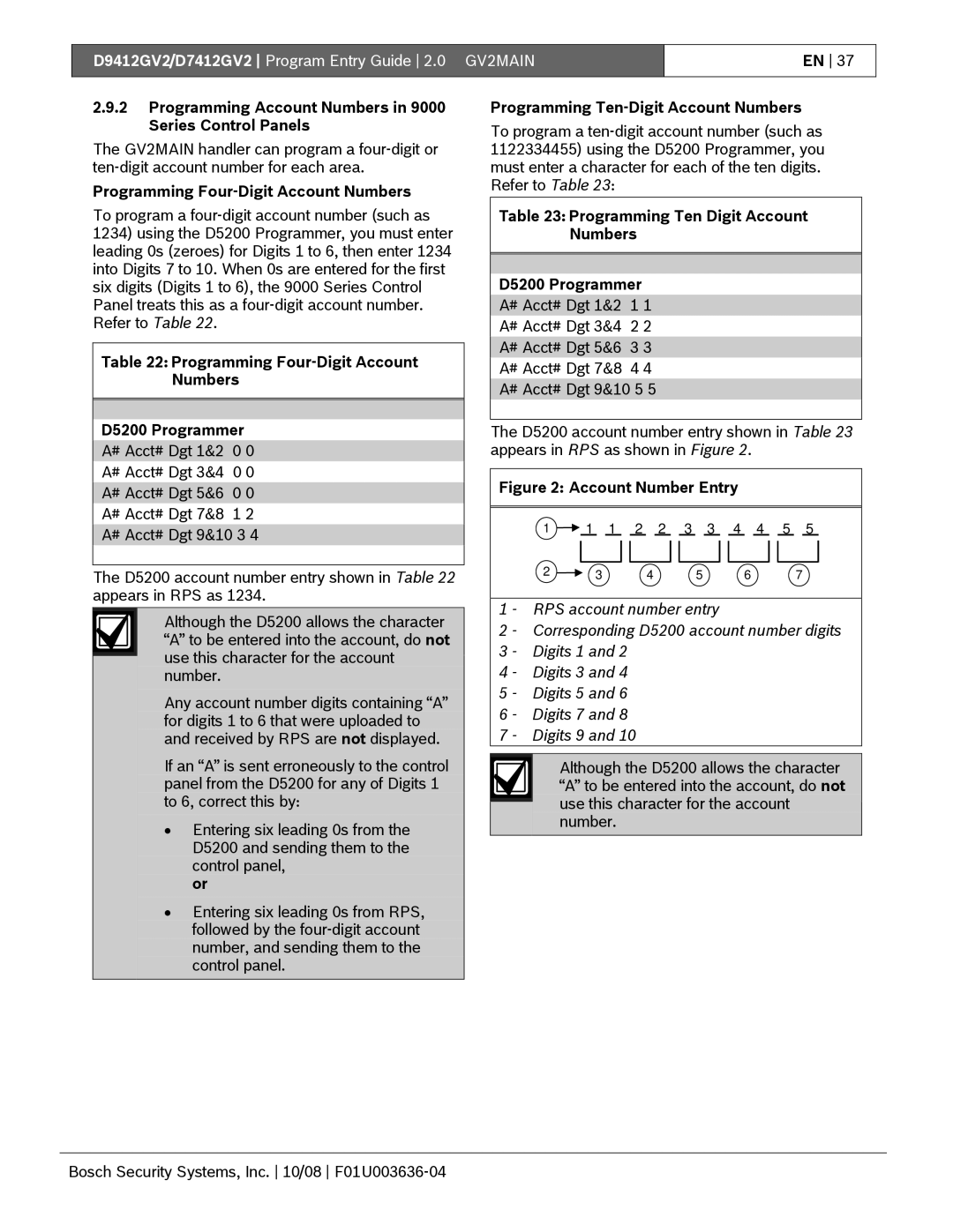 Bosch Appliances D9412GV2 Programming Account Numbers in 9000 Series Control Panels, Programming Ten-Digit Account Numbers 