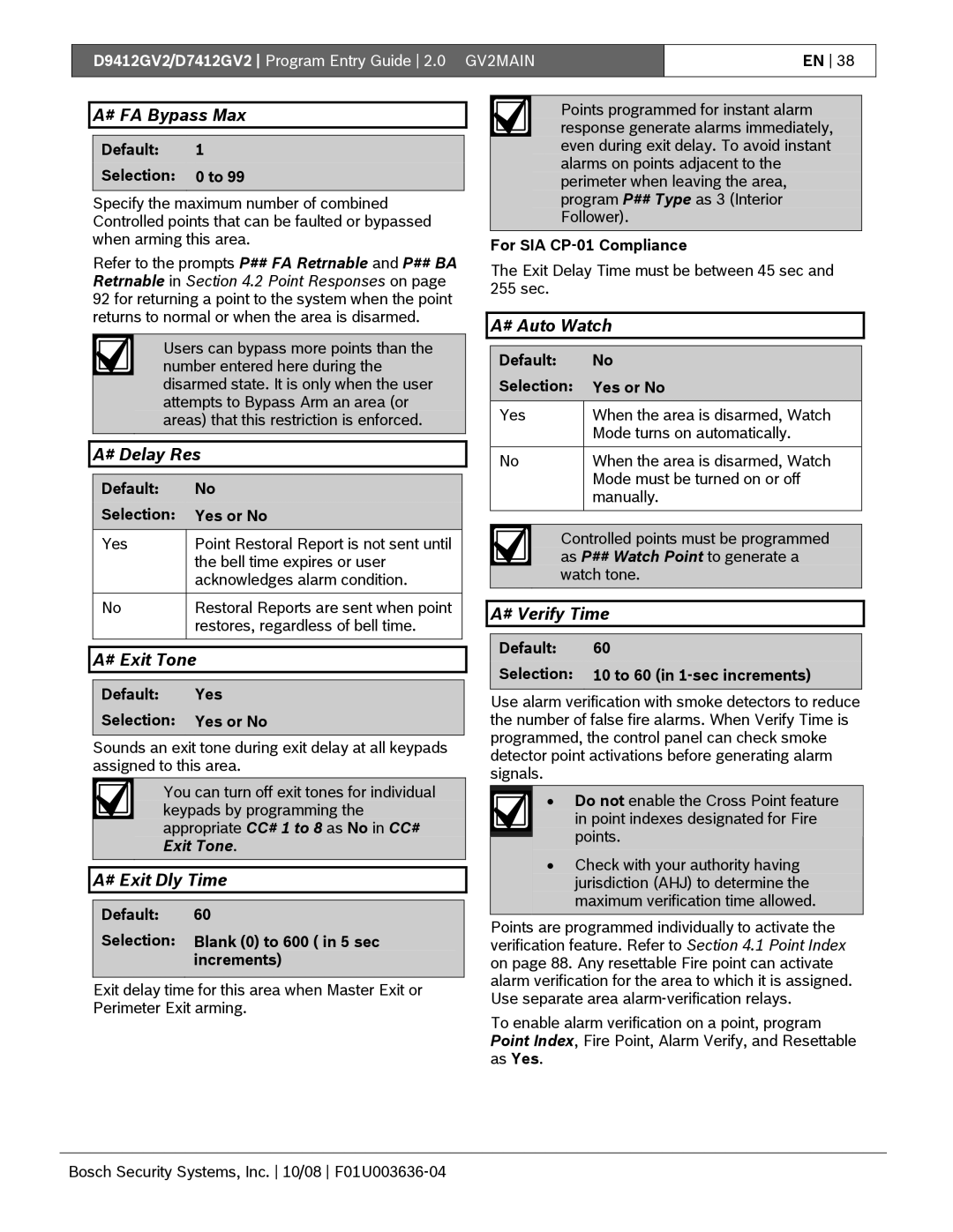 Bosch Appliances D9412GV2 manual # FA Bypass Max, # Auto Watch, # Delay Res, # Exit Tone, # Exit Dly Time, # Verify Time 